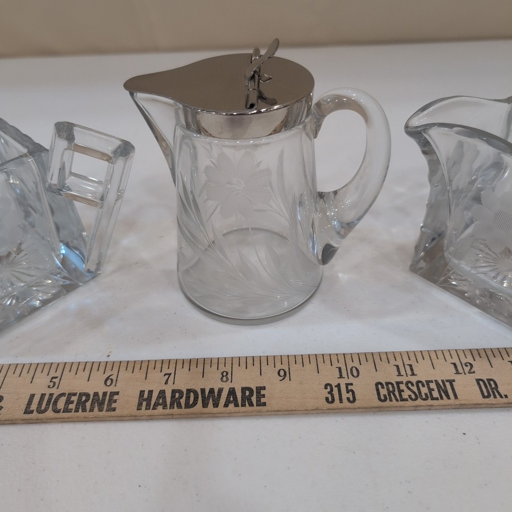 VTG Heisey Etched Daisy Crystal Creamer Sugar Quator #355 Set + Matching Pitcher - Picture 10 of 11